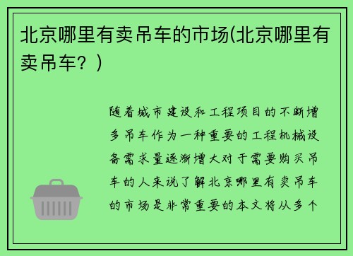 北京哪里有卖吊车的市场(北京哪里有卖吊车？)